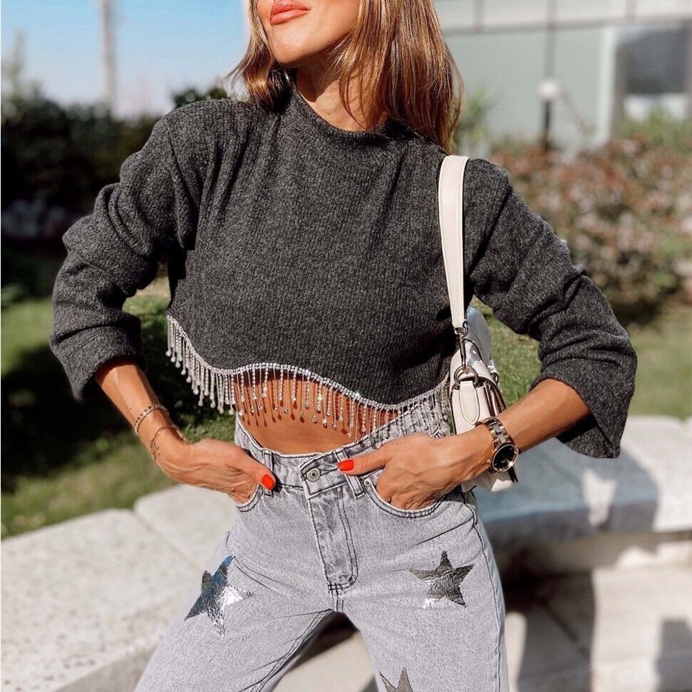 ZARA Gray Soft Knit Ribbed Rhinestone Hem Cropped Sweater Top